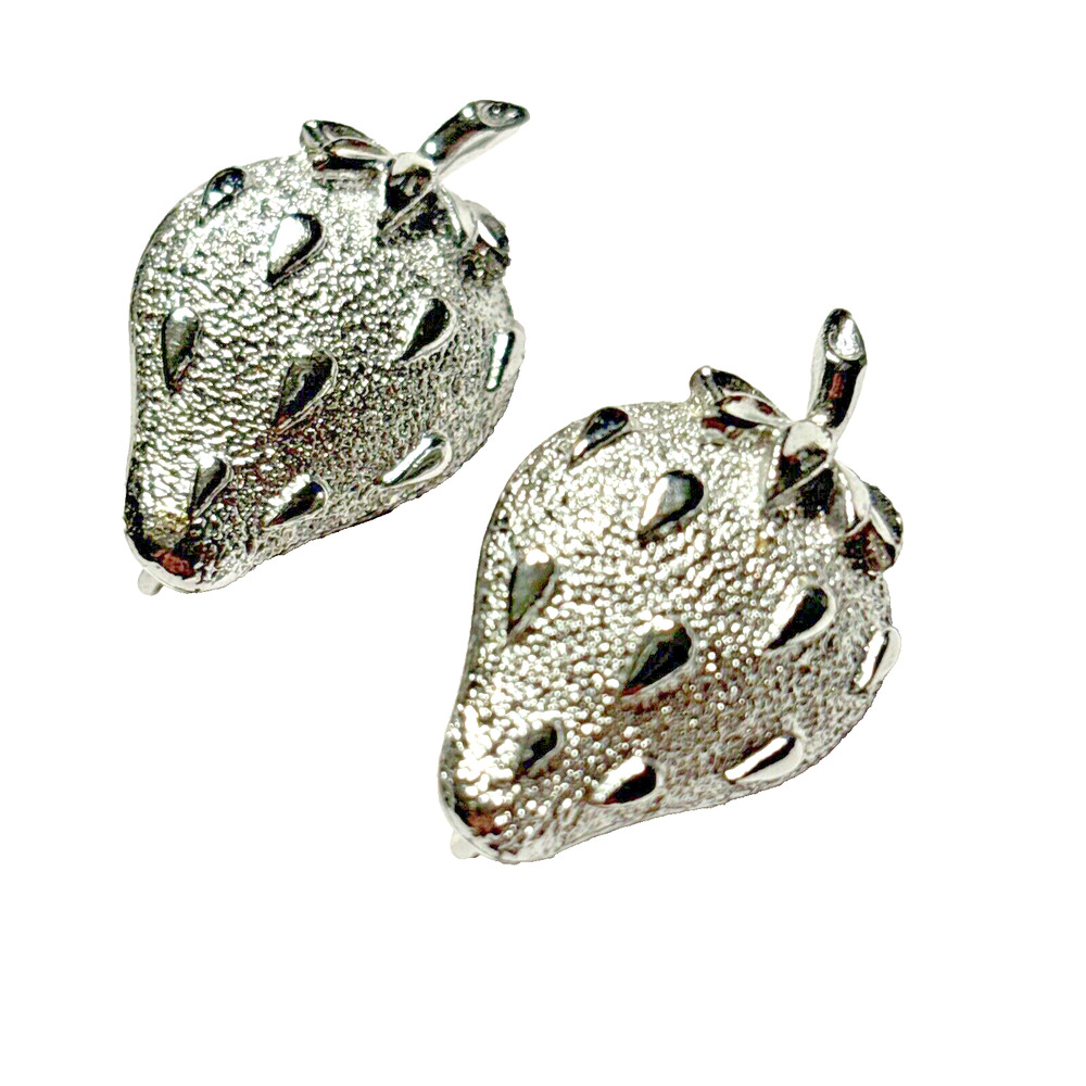 Vintage Sarah Coventry Signed Silver Tone Strawberry Fruit Clip On Earrings